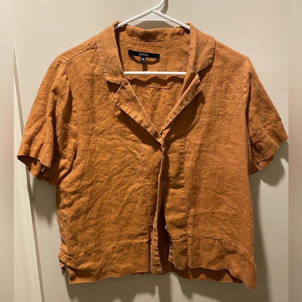 Quince Short-Sleeve Linen Button-Down Shirt — Rust Orange
